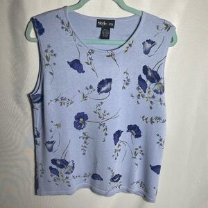Style & Co Lavender Blue Floral Knit Tank Top L Sleeveless Made in Macau